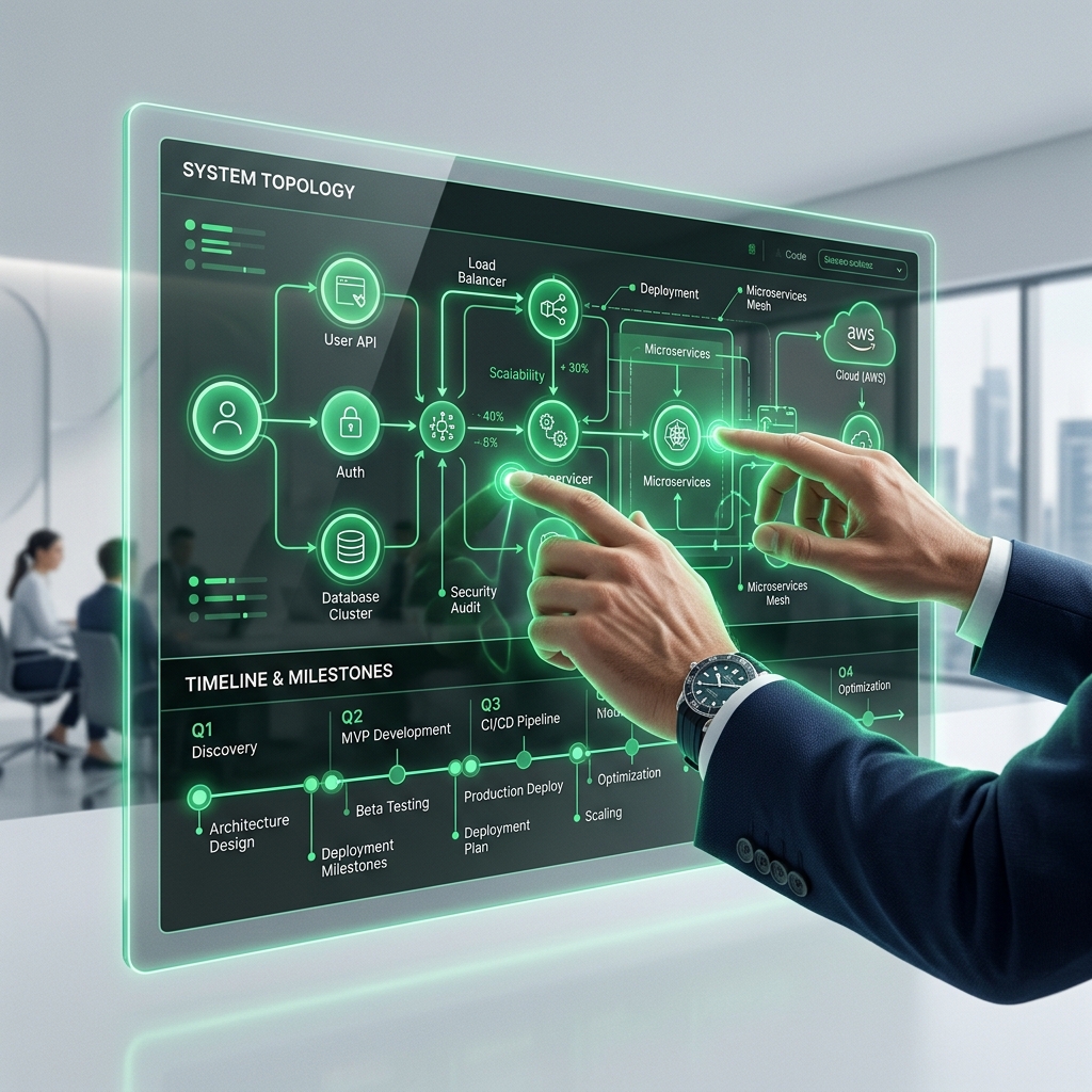Consulting diagram showing system topology, timeline, and milestones in brand green