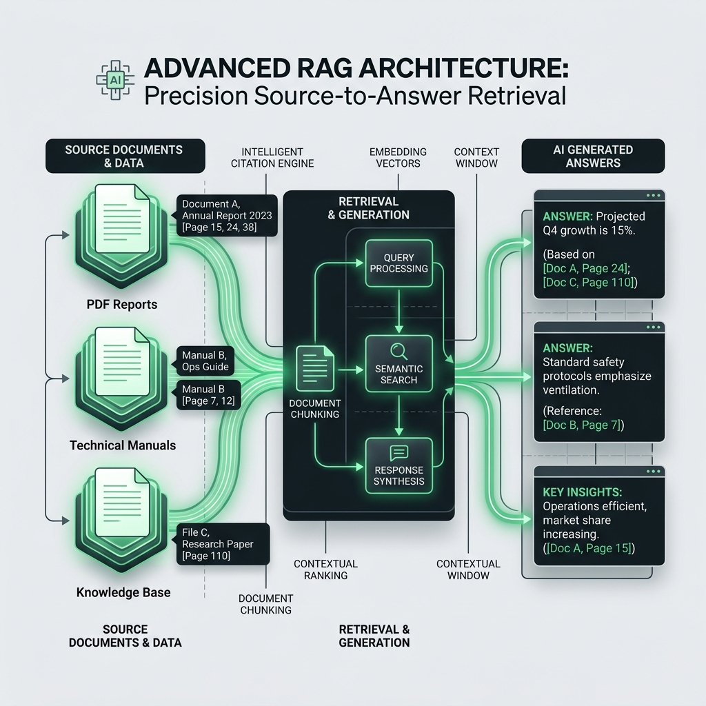 Advanced RAG Architecture showing document ingestion to cited AI answers in brand green styling